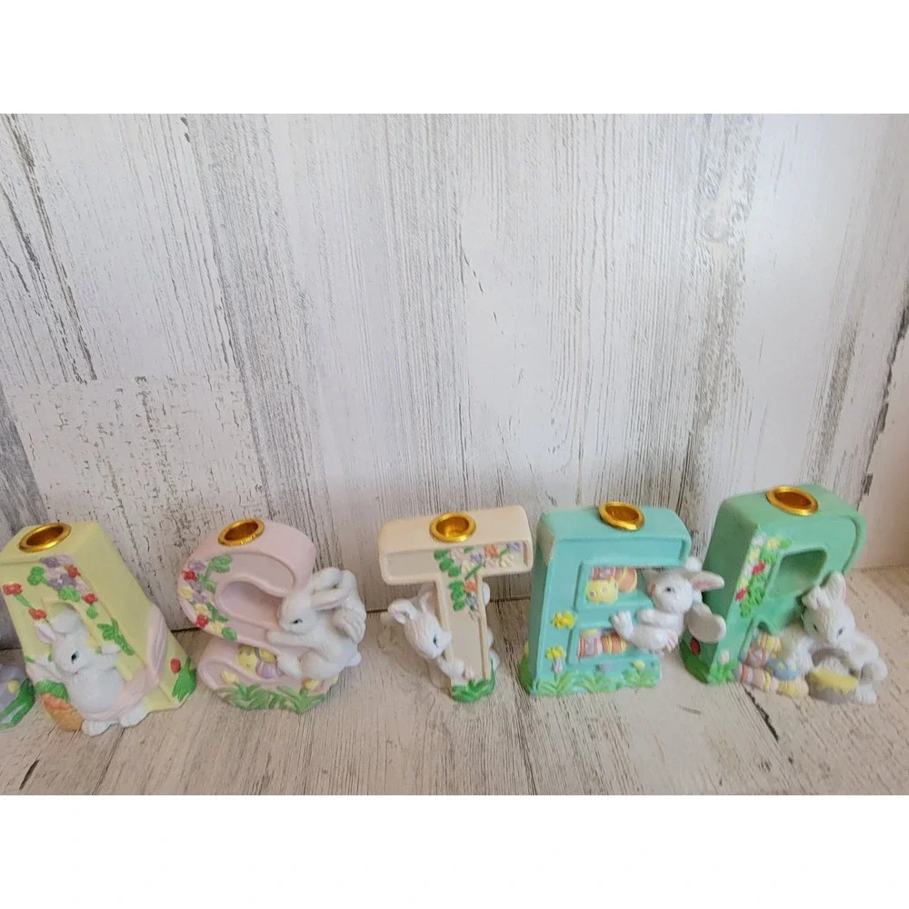 Easter‎ monogram ceramic candlestick holder bunny rabbit set spring home decor